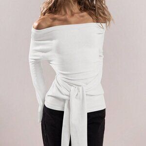 White Casual Women's Elegant Off Shoulder Long Sleeve Twist Front Sweater